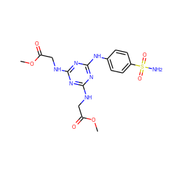 COC(=O)CNc1nc(NCC(=O)OC)nc(Nc2ccc(S(N)(=O)=O)cc2)n1 ZINC000072106064