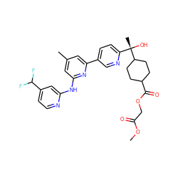 COC(=O)COC(=O)C1CCC([C@@](C)(O)c2ccc(-c3cc(C)cc(Nc4cc(C(F)F)ccn4)n3)cn2)CC1 ZINC000205904734