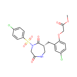 COC(=O)COc1ccc(Cl)cc1C[C@@H]1CNC(=O)CN(S(=O)(=O)c2ccc(Cl)cc2)C1=O ZINC000150106566