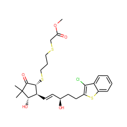 COC(=O)CSCCCS[C@H]1C(=O)C(C)(C)[C@@H](O)[C@@H]1/C=C/[C@H](O)CCc1sc2ccccc2c1Cl ZINC000137288293