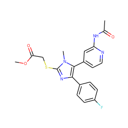 COC(=O)CSc1nc(-c2ccc(F)cc2)c(-c2ccnc(NC(C)=O)c2)n1C ZINC000299870291