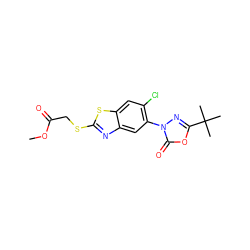 COC(=O)CSc1nc2cc(-n3nc(C(C)(C)C)oc3=O)c(Cl)cc2s1 ZINC000103206424