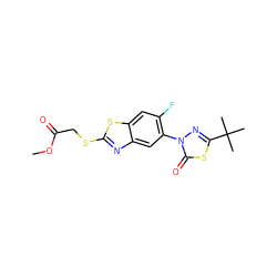 COC(=O)CSc1nc2cc(-n3nc(C(C)(C)C)sc3=O)c(F)cc2s1 ZINC000073199522