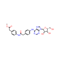 COC(=O)Cc1ccc(NC(=O)Cc2ccc(Nc3ncnc4c3ncn4[C@H]3O[C@H](CO)[C@@H](O)[C@H]3O)cc2)cc1 ZINC000049767789