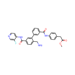 COC(=O)Cc1ccc(NC(=O)c2cccc(-c3cc(C(=O)Nc4ccncc4F)ccc3CN)c2)cc1 ZINC000206426649