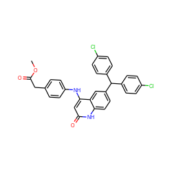 COC(=O)Cc1ccc(Nc2cc(=O)[nH]c3ccc(C(c4ccc(Cl)cc4)c4ccc(Cl)cc4)cc23)cc1 ZINC001772638930