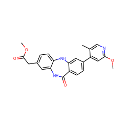 COC(=O)Cc1ccc2c(c1)NC(=O)c1ccc(-c3cc(OC)ncc3C)cc1N2 ZINC000038938636