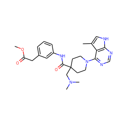 COC(=O)Cc1cccc(NC(=O)C2(CN(C)C)CCN(c3ncnc4[nH]cc(C)c34)CC2)c1 ZINC000473115202