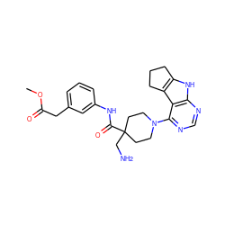 COC(=O)Cc1cccc(NC(=O)C2(CN)CCN(c3ncnc4[nH]c5c(c34)CCC5)CC2)c1 ZINC000653849262