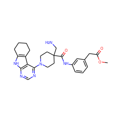 COC(=O)Cc1cccc(NC(=O)C2(CN)CCN(c3ncnc4[nH]c5c(c34)CCCC5)CC2)c1 ZINC000653848786