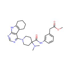 COC(=O)Cc1cccc(NC(=O)C2(N(C)C)CCN(c3ncnc4[nH]c5c(c34)CCCC5)CC2)c1 ZINC000653852964