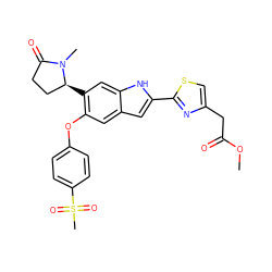 COC(=O)Cc1csc(-c2cc3cc(Oc4ccc(S(C)(=O)=O)cc4)c([C@H]4CCC(=O)N4C)cc3[nH]2)n1 ZINC001772626321