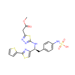 COC(=O)Cc1nnc(N[C@@H](Cc2ccc(NS(=O)(=O)O)cc2)c2csc(-c3cccs3)n2)s1 ZINC000113898171