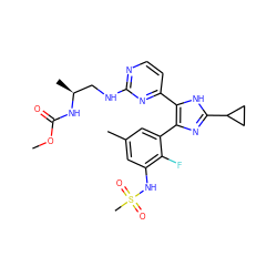 COC(=O)N[C@@H](C)CNc1nccc(-c2[nH]c(C3CC3)nc2-c2cc(C)cc(NS(C)(=O)=O)c2F)n1 ZINC000169137165