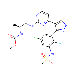 COC(=O)N[C@@H](C)CNc1nccc(-c2c[nH]nc2-c2cc(Cl)cc(NS(C)(=O)=O)c2F)n1 ZINC000147491214