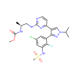 COC(=O)N[C@@H](C)CNc1nccc(-c2cn(C(C)C)nc2-c2cc(Cl)cc(NS(C)(=O)=O)c2F)n1 ZINC000068249103