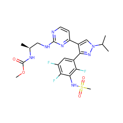 COC(=O)N[C@@H](C)CNc1nccc(-c2cn(C(C)C)nc2-c2cc(F)c(F)c(NS(C)(=O)=O)c2F)n1 ZINC000149054964