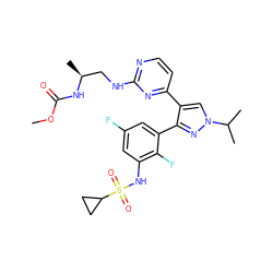 COC(=O)N[C@@H](C)CNc1nccc(-c2cn(C(C)C)nc2-c2cc(F)cc(NS(=O)(=O)C3CC3)c2F)n1 ZINC000148672277