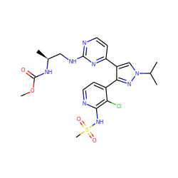 COC(=O)N[C@@H](C)CNc1nccc(-c2cn(C(C)C)nc2-c2ccnc(NS(C)(=O)=O)c2Cl)n1 ZINC000150174866