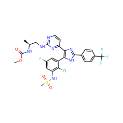 COC(=O)N[C@@H](C)CNc1nccc(-c2nc(-c3ccc(C(F)(F)F)cc3)[nH]c2-c2cc(F)cc(NS(C)(=O)=O)c2Cl)n1 ZINC000169694687