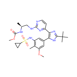COC(=O)N[C@@H](C)CNc1nccc(-c2nc(C(C)(C)C)[nH]c2-c2cc(NS(=O)(=O)C3CC3)c(C)c(OC)c2)n1 ZINC000169694644