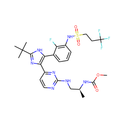 COC(=O)N[C@@H](C)CNc1nccc(-c2nc(C(C)(C)C)[nH]c2-c2cccc(NS(=O)(=O)CCC(F)(F)F)c2F)n1 ZINC000169694698