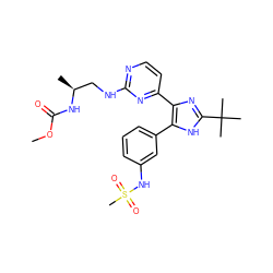 COC(=O)N[C@@H](C)CNc1nccc(-c2nc(C(C)(C)C)[nH]c2-c2cccc(NS(C)(=O)=O)c2)n1 ZINC000169694650
