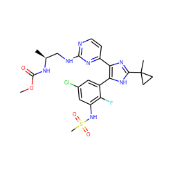 COC(=O)N[C@@H](C)CNc1nccc(-c2nc(C3(C)CC3)[nH]c2-c2cc(Cl)cc(NS(C)(=O)=O)c2F)n1 ZINC000169694669
