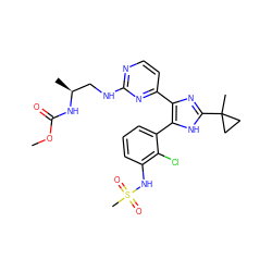 COC(=O)N[C@@H](C)CNc1nccc(-c2nc(C3(C)CC3)[nH]c2-c2cccc(NS(C)(=O)=O)c2Cl)n1 ZINC000169694671