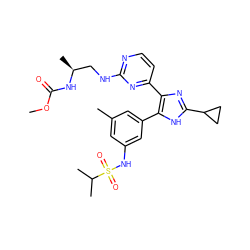 COC(=O)N[C@@H](C)CNc1nccc(-c2nc(C3CC3)[nH]c2-c2cc(C)cc(NS(=O)(=O)C(C)C)c2)n1 ZINC000169694697