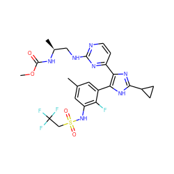 COC(=O)N[C@@H](C)CNc1nccc(-c2nc(C3CC3)[nH]c2-c2cc(C)cc(NS(=O)(=O)CC(F)(F)F)c2F)n1 ZINC000169694683