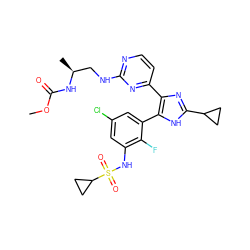 COC(=O)N[C@@H](C)CNc1nccc(-c2nc(C3CC3)[nH]c2-c2cc(Cl)cc(NS(=O)(=O)C3CC3)c2F)n1 ZINC000169694657