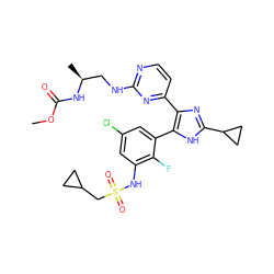 COC(=O)N[C@@H](C)CNc1nccc(-c2nc(C3CC3)[nH]c2-c2cc(Cl)cc(NS(=O)(=O)CC3CC3)c2F)n1 ZINC000169694661