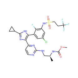 COC(=O)N[C@@H](C)CNc1nccc(-c2nc(C3CC3)[nH]c2-c2cc(Cl)cc(NS(=O)(=O)CCC(F)(F)F)c2F)n1 ZINC000169694659