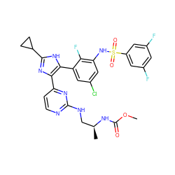 COC(=O)N[C@@H](C)CNc1nccc(-c2nc(C3CC3)[nH]c2-c2cc(Cl)cc(NS(=O)(=O)c3cc(F)cc(F)c3)c2F)n1 ZINC000169694681