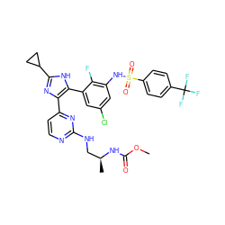 COC(=O)N[C@@H](C)CNc1nccc(-c2nc(C3CC3)[nH]c2-c2cc(Cl)cc(NS(=O)(=O)c3ccc(C(F)(F)F)cc3)c2F)n1 ZINC000169694682