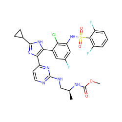 COC(=O)N[C@@H](C)CNc1nccc(-c2nc(C3CC3)[nH]c2-c2cc(F)cc(NS(=O)(=O)c3c(F)cccc3F)c2Cl)n1 ZINC000169694680