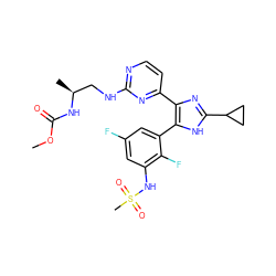 COC(=O)N[C@@H](C)CNc1nccc(-c2nc(C3CC3)[nH]c2-c2cc(F)cc(NS(C)(=O)=O)c2F)n1 ZINC000169694654