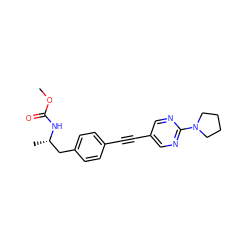 COC(=O)N[C@@H](C)Cc1ccc(C#Cc2cnc(N3CCCC3)nc2)cc1 ZINC000142361804