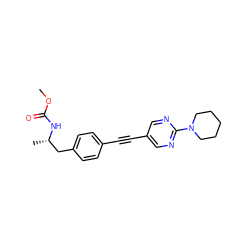 COC(=O)N[C@@H](C)Cc1ccc(C#Cc2cnc(N3CCCCC3)nc2)cc1 ZINC000142361408