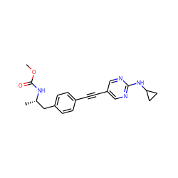 COC(=O)N[C@@H](C)Cc1ccc(C#Cc2cnc(NC3CC3)nc2)cc1 ZINC000169706449