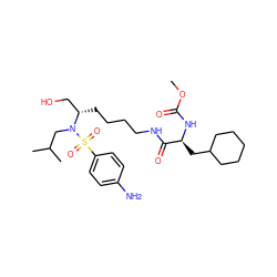 COC(=O)N[C@@H](CC1CCCCC1)C(=O)NCCCC[C@@H](CO)N(CC(C)C)S(=O)(=O)c1ccc(N)cc1 ZINC000138679425