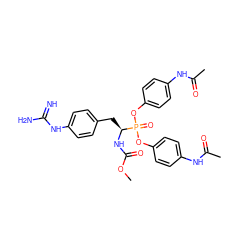 COC(=O)N[C@@H](Cc1ccc(NC(=N)N)cc1)P(=O)(Oc1ccc(NC(C)=O)cc1)Oc1ccc(NC(C)=O)cc1 ZINC000028869527