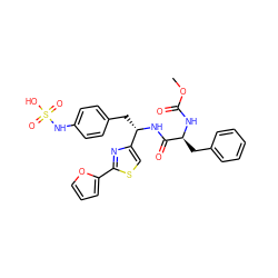 COC(=O)N[C@@H](Cc1ccccc1)C(=O)N[C@@H](Cc1ccc(NS(=O)(=O)O)cc1)c1csc(-c2ccco2)n1 ZINC000114390415