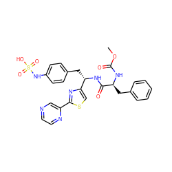 COC(=O)N[C@@H](Cc1ccccc1)C(=O)N[C@@H](Cc1ccc(NS(=O)(=O)O)cc1)c1csc(-c2cnccn2)n1 ZINC000113898072