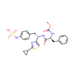 COC(=O)N[C@@H](Cc1ccccc1)C(=O)N[C@@H](Cc1ccc(NS(=O)(=O)O)cc1)c1csc(C2CC2)n1 ZINC000113897584