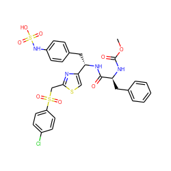 COC(=O)N[C@@H](Cc1ccccc1)C(=O)N[C@@H](Cc1ccc(NS(=O)(=O)O)cc1)c1csc(CS(=O)(=O)c2ccc(Cl)cc2)n1 ZINC000164202423