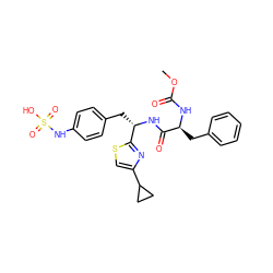 COC(=O)N[C@@H](Cc1ccccc1)C(=O)N[C@@H](Cc1ccc(NS(=O)(=O)O)cc1)c1nc(C2CC2)cs1 ZINC000114377622