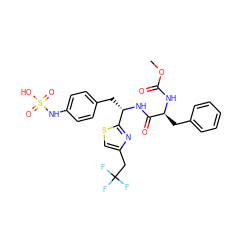 COC(=O)N[C@@H](Cc1ccccc1)C(=O)N[C@@H](Cc1ccc(NS(=O)(=O)O)cc1)c1nc(CC(F)(F)F)cs1 ZINC000114374711