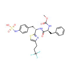 COC(=O)N[C@@H](Cc1ccccc1)C(=O)N[C@@H](Cc1ccc(NS(=O)(=O)O)cc1)c1nc(CCC(F)(F)F)cs1 ZINC000114374814